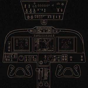 Pode incluir: Ilustração detalhada de um painel de controle da cabine de um avião, renderizada em bege claro sobre um fundo preto. O painel apresenta vários medidores, telas e elementos de controle, incluindo manche e controles superiores.