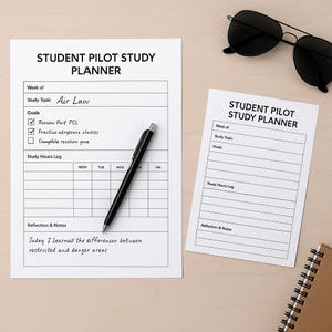 May include: Two white Student Pilot Study Planner sheets with a black pen and sunglasses on a wooden surface. The planner includes sections for study topics, goals, and a study hours log. One sheet has "Air Law" as the study topic and notes about restricted and danger areas.