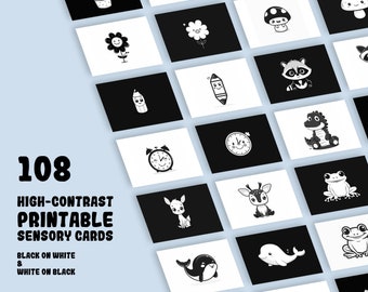 Paquete de 108 tarjetas para bebés de alto contraste - Tarjetas sensoriales Montessori en blanco y negro imprimibles para estimulación infantil - DESCARGA DIGITAL