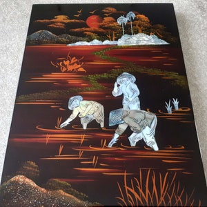 varnished and lacquered painting on mother-of-pearl motif