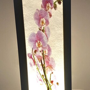 以下が含まれることがあります： ピンクの蘭の水彩画が描かれたバックライトパネルを備えた黒い長方形のランプ。 ランプはシンプルでモダンなデザインで、電源コードが付いています。