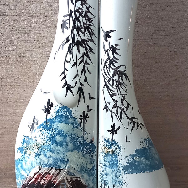 vase double laqué  blanc  peinture paysage asiatique