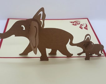 original pop-up card of mother elephant with her baby, customizable