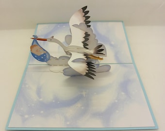 pop-up or 3D card stork with customizable baby