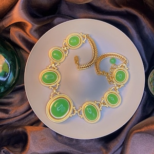 Emerald Orb 14K Gold Plated Chunky Vintage Style Necklace and Bracelet Set