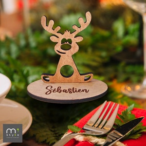 Lot de marque place en bois personnalisé tête de renne Joyeux Noël ou Prénom - Découpe laser - Laser cut