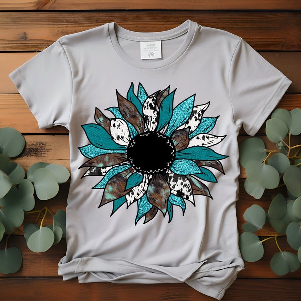 Western Sunflower Cow Print Teal Turquoise Sunflower T-Shirt, Sweater, Denim Transfer DTF Transfer Ready To Press Full Color Image