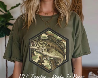 Camo Bass Fish Trending Fishing Gift For Him Dtf Ready To Press Shirt Transfer  Full Color Image
