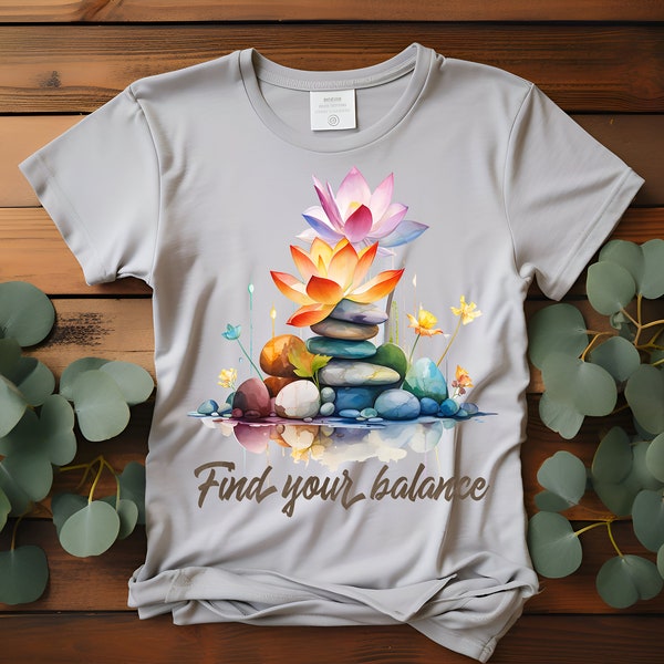 Find Your Balance Stacked Rocks Flowers Tranquility T-Shirt, Sweater, Denim Transfer DTF Transfer Ready To Press Full Color Image