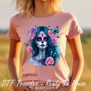 Sugar Skull Girl Pink Roses In Hair Butterflies Gothic Dtf Ready To Press Shirt Transfer High Quality Full Color Image All Fabrics Durable