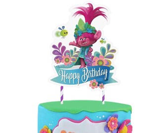 Trolls Themed Party Cake Decorations Happy Birthday Cake Topper and Cardstock Trolls Cupcake Toppers Kids Birthday Cake Decoration Baby Shower Party Supplies ANGOLIO 49Pcs Trolls Cake Toppers