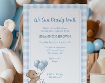 Bearly Wait Baby Shower Invitation, Blue Gingham Teddy Bear Editable Invite, Boy Baby Shower Printable Template