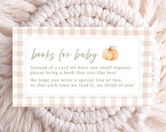 Gingham Books for Baby, Fall Book Request, Pumpkin Baby Shower Invitation Insert, Gender Neutral Baby Shower Bring a Book Template, B1