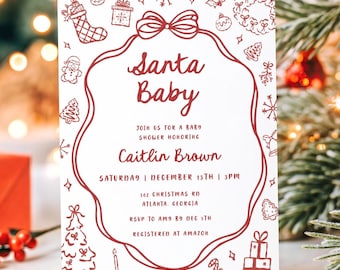 Puede incluir: Una invitación a un baby shower con temática navideña con el texto "Santa Baby" en escritura roja. La invitación incluye detalles para el baby shower de Caitlin Brown, con ilustraciones navideñas decorativas.