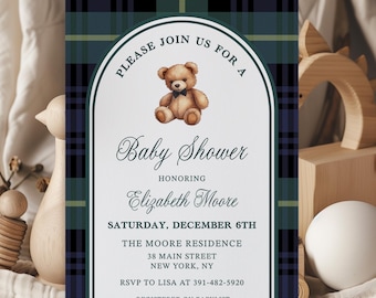 Plaid Teddy Bear Baby Shower Invitation Template, Preppy Editable Invite, Vintage Bow Tie Bear Digital Download