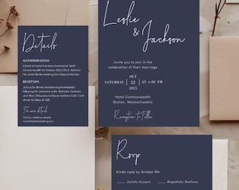 Minimalist Wedding Invitation Suite Template, Navy Modern Wedding Invite, Editable Template | INSTANT DOWNLOAD