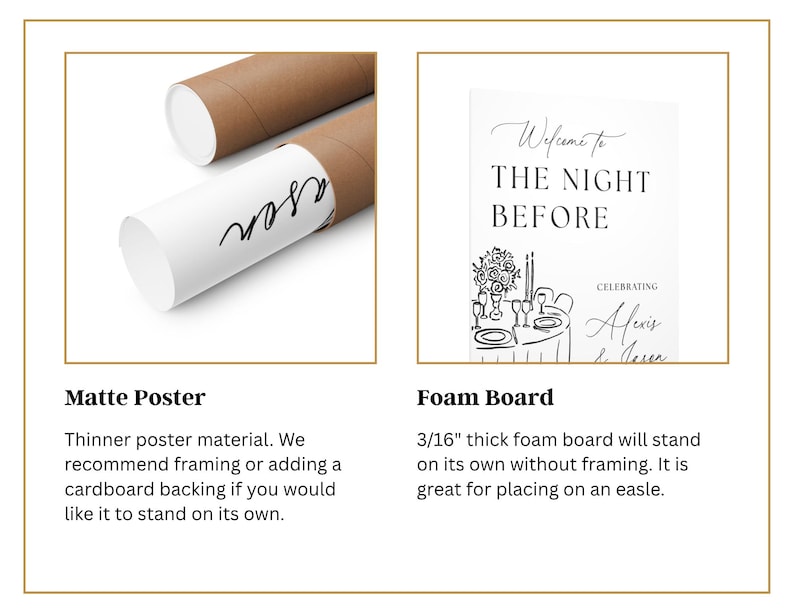 May include: Two rolled matte posters and a foam board with the text "Welcome to THE NIGHT BEFORE" and "Celebrating Alexis & Jason". The posters are brown and white, and the foam board is white.