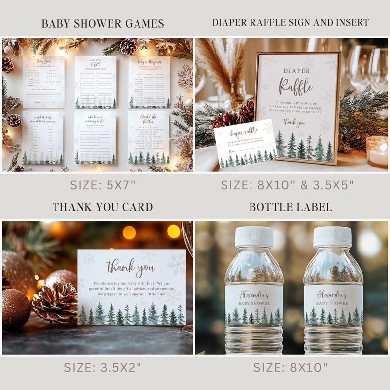 May include: A collection of baby shower stationery items. Includes game cards, a diaper raffle sign, thank you cards, and water bottle labels. The designs feature a forest scene with evergreen trees. Sizes are 5x7", 8x10", 3.5x5", 3.5x2", and 8x10".