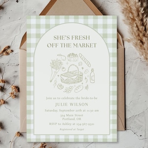 Fresh Off the Market Bridal Shower Invitation Template | Green Gingham Farmer&#39;s Market Invitation | Editable Wedding Shower Invitation