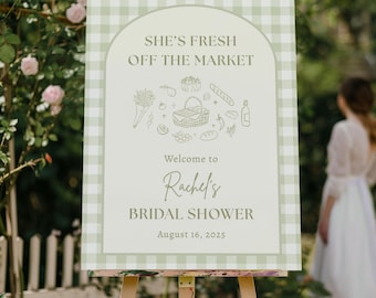 She's Off The Market Bridal Shower Welcome Sign | Green Gingham Farmers Market Welcome Sign | Off the  Market Wedding Shower | Print + Ship