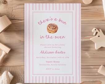 Bun in the Oven Pink Baby Shower Invitation Template | Hand Drawn Watercolor Bun | DIY Girl Editable Invite | Digital Download