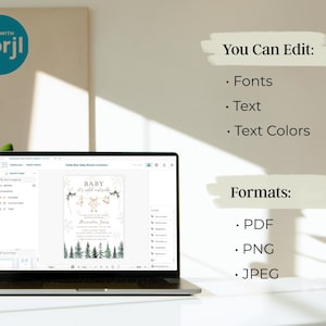 May include: A laptop displays a baby shower invitation design with text that reads "BABY it's cold outside." The image also shows options to edit fonts, text, and text colors. Formats include PDF, PNG, and JPEG.