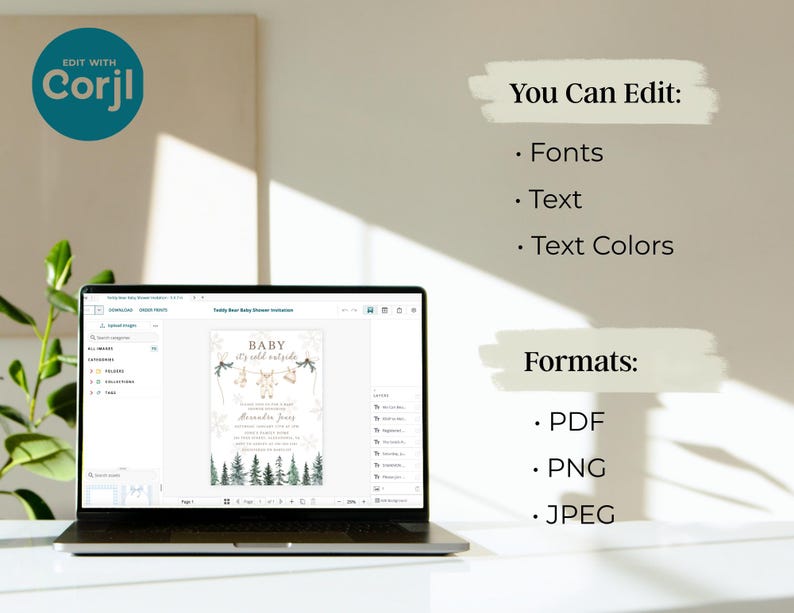 May include: A laptop displays a baby shower invitation design with text that reads "BABY it's cold outside." The image also shows options to edit fonts, text, and text colors. Formats include PDF, PNG, and JPEG.