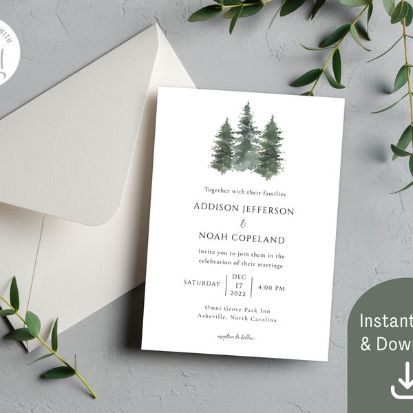 Evergreen Winter Wedding Invitation, Elegant Editable Invitation | INSTANT DOWNLOAD