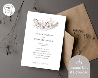 May include: A wedding invitation with floral design in brown tones, featuring the names Megan Sanders and Cody Stevenson. The invitation includes event details and the text "Instant Edit & Download". It is accompanied by a brown envelope.