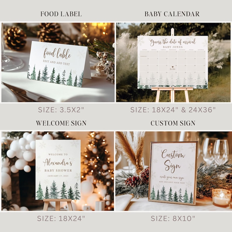 May include: A collection of printed signs and labels with a winter forest theme. Includes a food label, baby calendar, welcome sign, and custom sign. Sizes range from 3.5x2 inches to 24x36 inches. The signs feature evergreen trees and snowflakes.