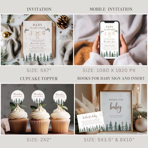 May include: A collection of baby shower stationery, including invitations, mobile invitations, cupcake toppers, and a sign. The invitation features text "BABY it's cold outside" with a forest and clothesline design. The cupcake toppers are 2x2 inches.