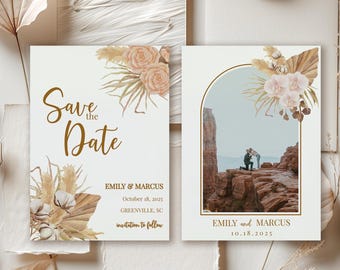 May include: Set of two wedding announcement cards. The first card says "Save the Date" with floral accents. The second card features a photo of a couple with floral accents and the date. The cards are white with gold and brown text.