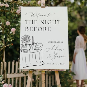 May include: A white sign on a wooden easel with the text "Welcome to THE NIGHT BEFORE" in black script. Below is a black and white illustration of a table setting. The sign celebrates Alexis & Jason, August 21, 2025.
