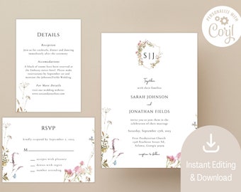 Wildflower Wedding Invitation Suite, Boho Floral Wedding, Instant Download with Corjl