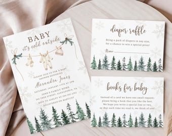 Winter Baby Shower Invitation and Inserts Bundle, Diaper Raffle and Books for Baby Insert, Gender Neutral Editable Template