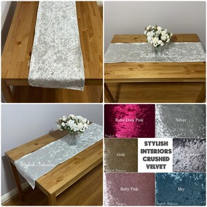 May include: A set of table runners in various colours, including silver, ruby dark pink, gold, baby pink, and sky blue. The table runners are made of crushed velvet and feature the text "Stylish Interiors Crushed Velvet".