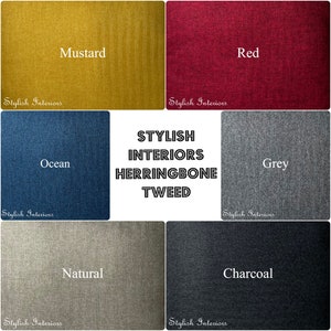 May include: A collage of fabric swatches in various colours and textures, including mustard yellow, red, ocean blue, grey, natural beige, and charcoal. The swatches are labelled with their respective colours and the text "Stylish Interiors Herringbone Tweed".