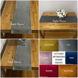 May include: A set of table runners in various colours, including grey, mustard, baby pink, rose red, marine, and burnt orange. The table runners are made of plush velvet and feature the text "Stylish Interiors" on each runner.