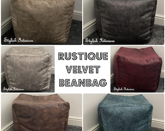 Rustique Velvet Cube Beanbag Foot Stool Ottoman Rest Pouffe Pre Filled Bean Bags