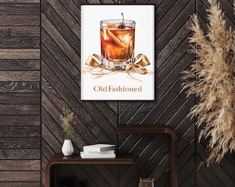 Digital Printable Wall Art, Old Fashioned Drink, Birthday Gift, Whiskey Decor, Home Bar Art Print