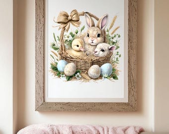 Spring Easter Animals Digital Print | Basket Wall Art