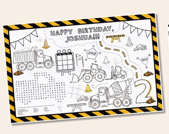 Construction Theme Activity Placemat | Personalized Printable | Coloring, Word Search, Trucks | For Birthday Parties, Restaurants, Fun