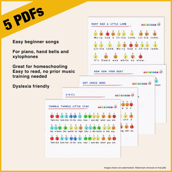 5 Beginner Kids Songs Vol 1 | Color-coded, numbered or Black and White version| first toddler music sheet | for hand bells, xylophone, piano