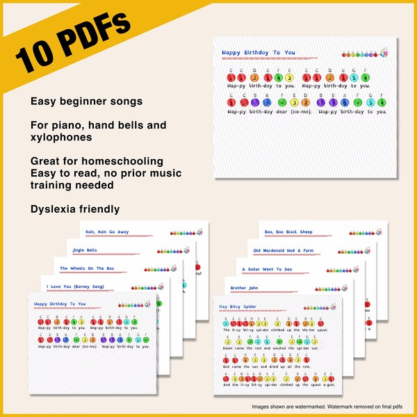 10 Beginner Kids Songs Vol 2 | Color-coded, numbered or Black and White version| first toddler music sheet | hand bells, xylophone, piano