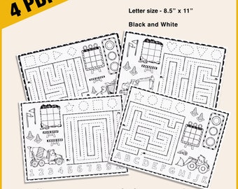 Educational Construction Theme Activity Placemat Set of 4| Printable | Coloring Trucks | For Birthday Parties, Restaurants, Car Road Trip