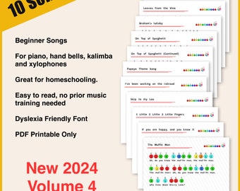 New 10 Songs Music Sheets vol 4 | Color-coded, numbered or Black and White version| first toddler music sheet | hand bells, xylophone, piano