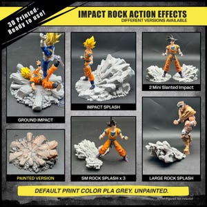 May include: A display of 3D-printed action effect bases in various designs. The bases are unpainted and in gray PLA plastic. The image includes bases labeled "Ground Impact," "Impact Splash," "2 Mini Slanted Impact," "Painted Version," "SM Rock Splash x 3," and "Large Rock Splash."