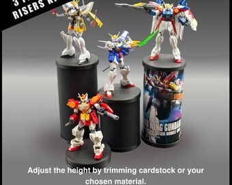 Action Figure Stand Riser | Adjustable Heights, Expandable 3D Printed Base | Top & Bottom Caps for Custom Cardstock or Paper