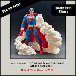May include: A Superman action figure with a red cape and blue suit stands amidst white 3D-printed smoke swirl clouds. The set includes two action figure effects. The default paint colour is white.