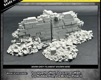 Muro de canto de prédio modular, pilar e entulho de tijolos | Adereços de diorama de guerra urbana pós-apocalíptica impressos em 3D | Conjunto Ruínas da Perdição II